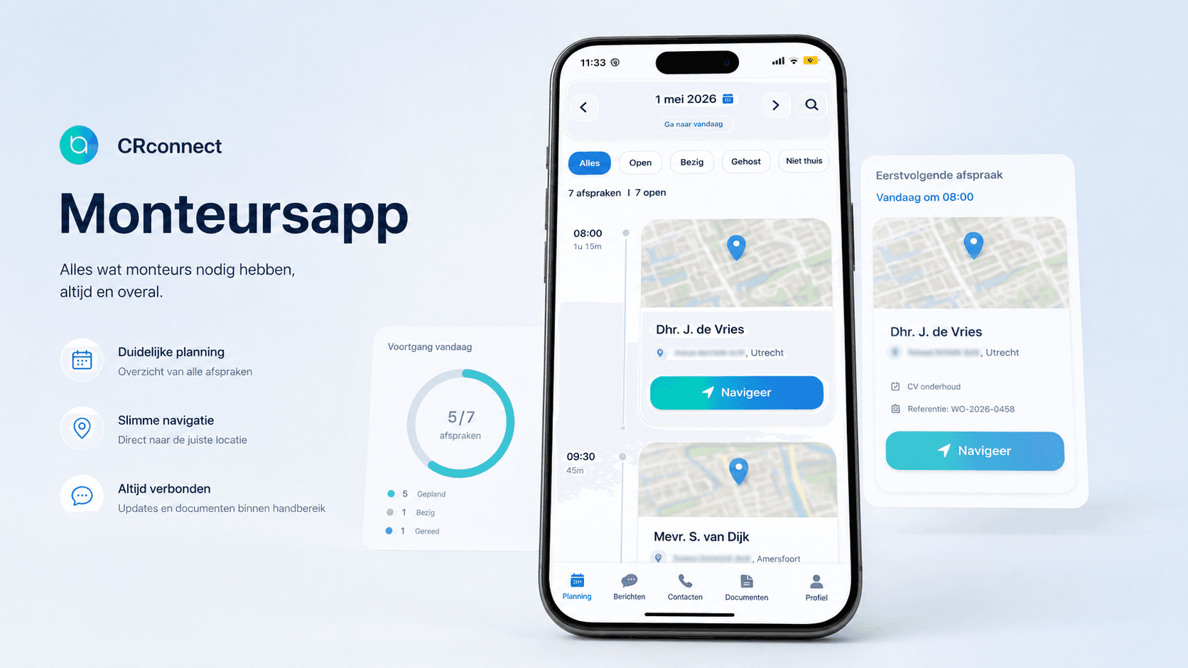 Smartphone met de CRconnect-monteursapp waarop een dagplanning, afspraakkaarten, kaartlocaties en een navigatieknop zichtbaar zijn.